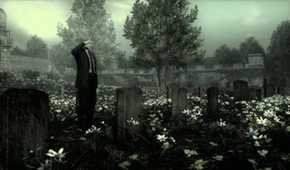Screenshot from Metal Gear Solid 4 of Snake in a cemetary