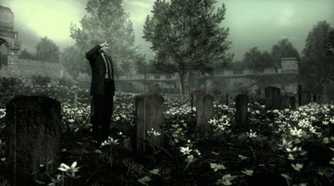 Screenshot from Metal Gear Solid 4 of Snake in a cemetary