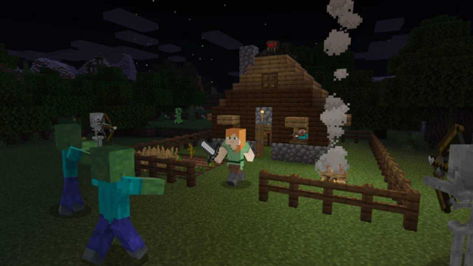 Screenshot from Minecraft of Alex fighting zombies