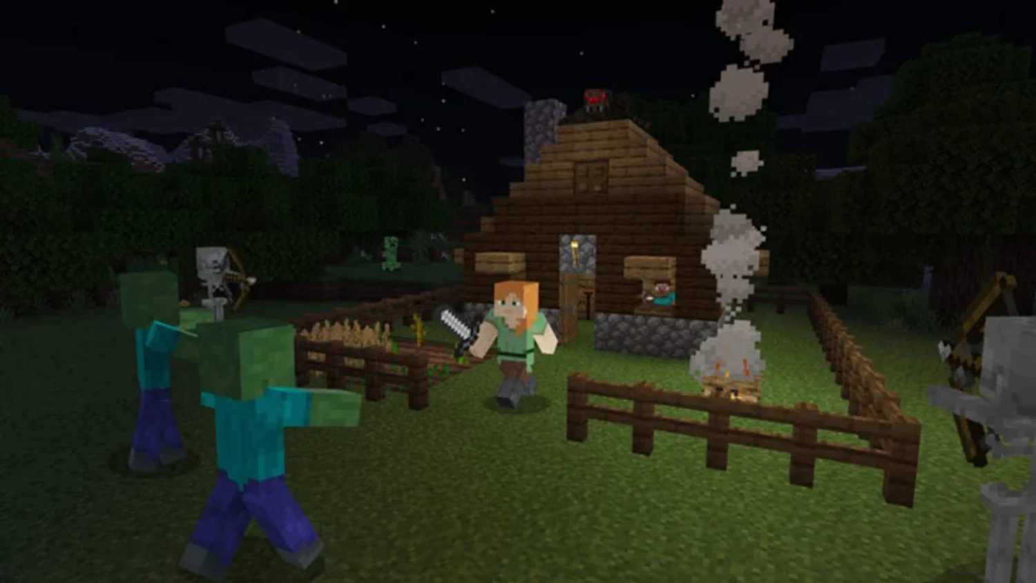 Screenshot from Minecraft of Alex fighting zombies