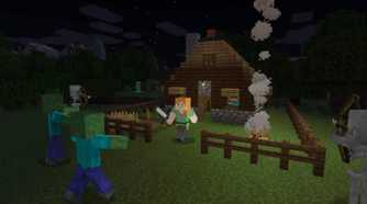 Screenshot from Minecraft of Alex fighting zombies
