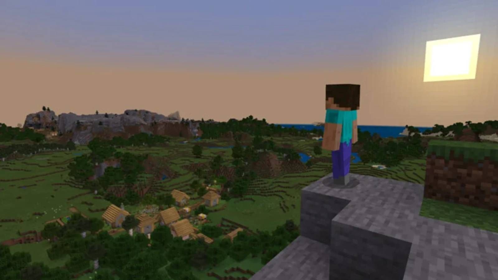 Steve looking over a village in Minecraft