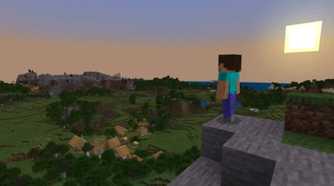Steve looking over a village in Minecraft