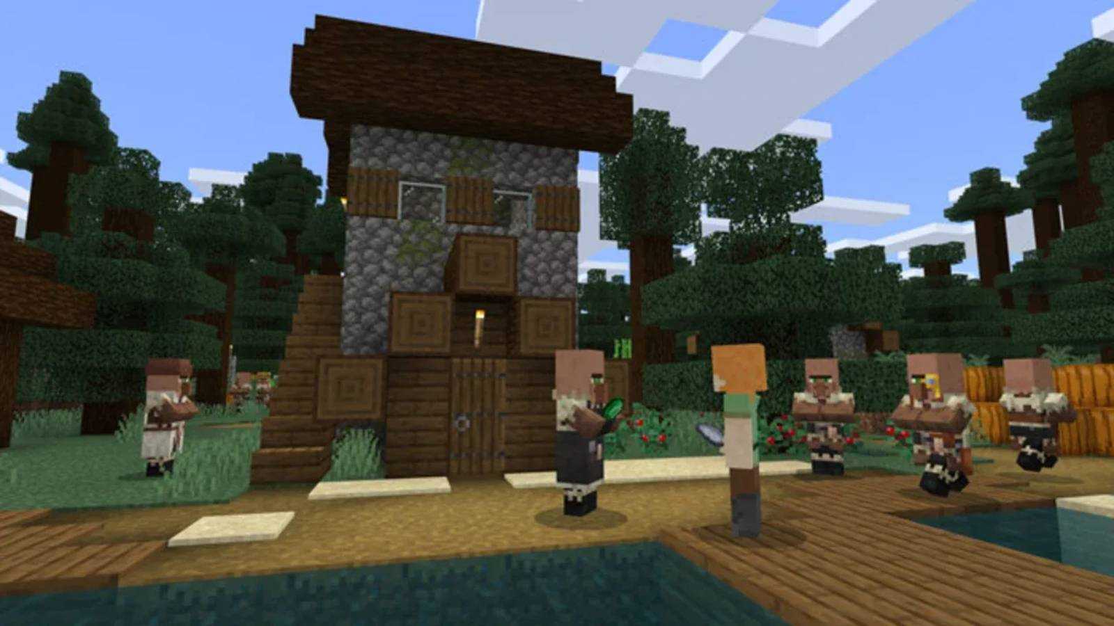 A wooden hut with a villager in a taiga forest