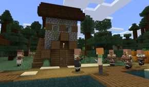A wooden hut with a villager in a taiga forest