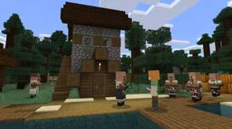 A wooden hut with a villager in a taiga forest