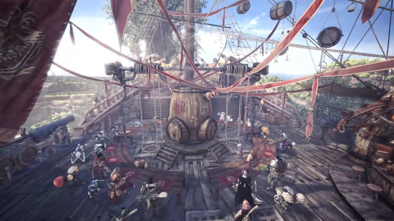 Screenshot from Monster Hunter World of a party on a ship