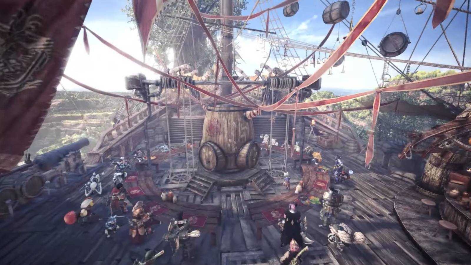 Screenshot from Monster Hunter World of a party on a ship