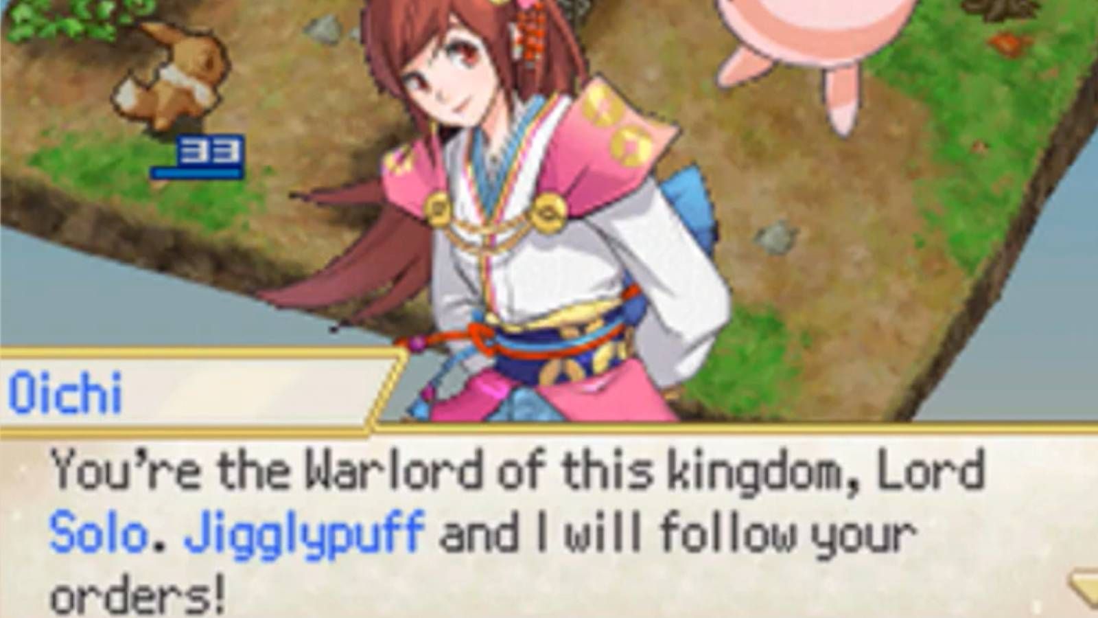 Screenshot from Pokemon Conquest of Jigglypuff and Oichi going to war