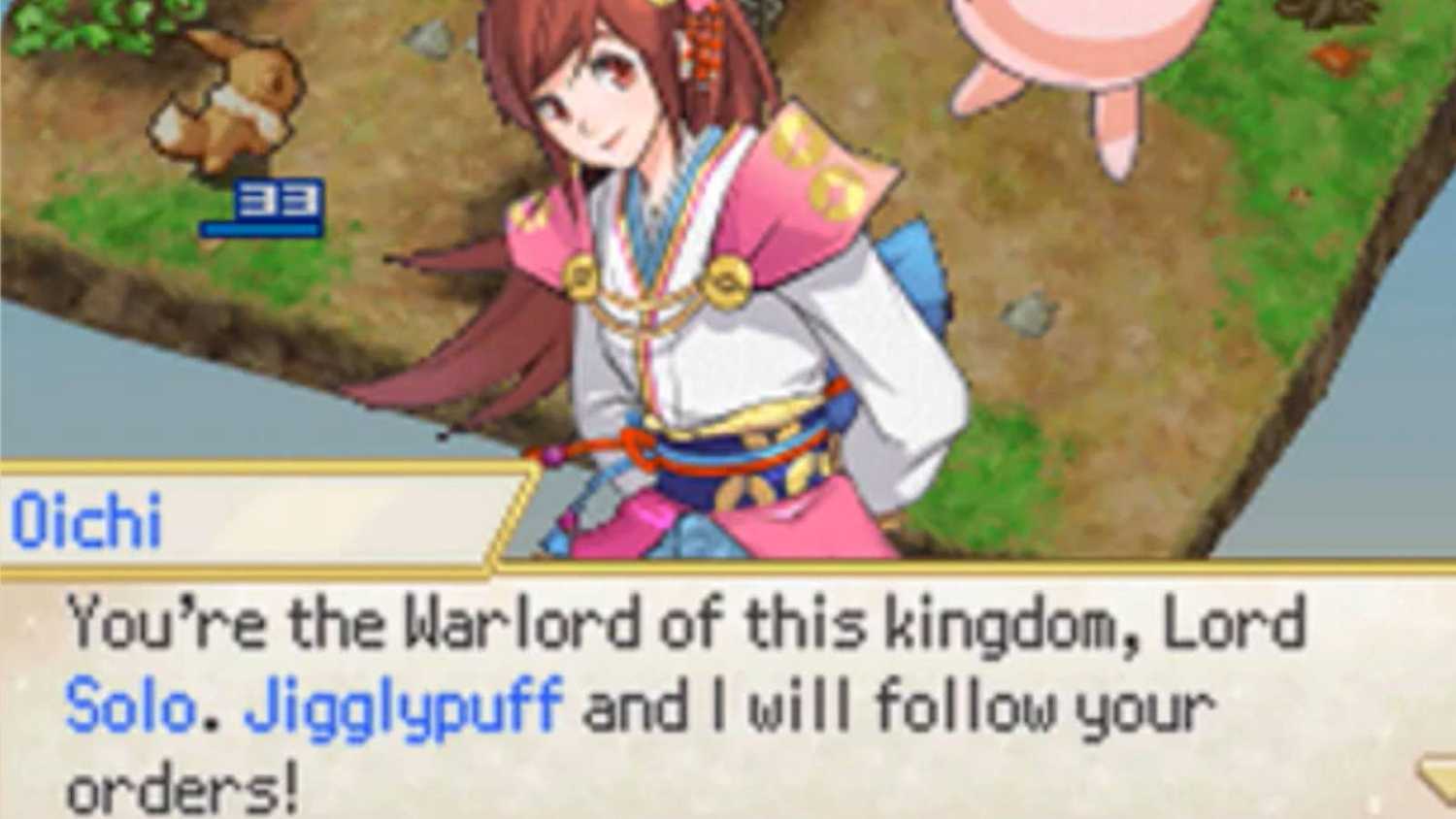 Screenshot from Pokemon Conquest of Jigglypuff and Oichi going to war