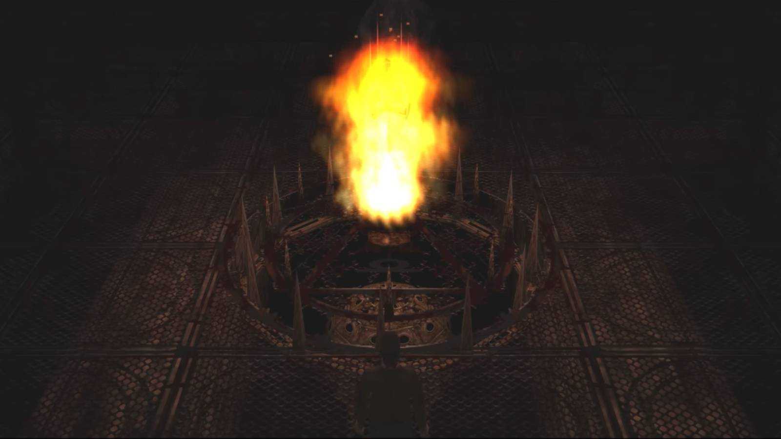 Screenshot of Harry in Silent Hill coming across a ritual