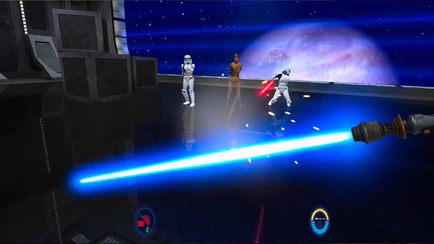 Screenshot from Star Wars Jedi Knight 2 of a blaster being reflected