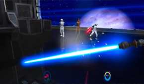 Screenshot from Star Wars Jedi Knight 2 of a blaster being reflected