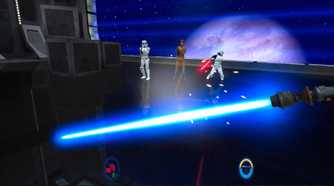 Screenshot from Star Wars Jedi Knight 2 of a blaster being reflected
