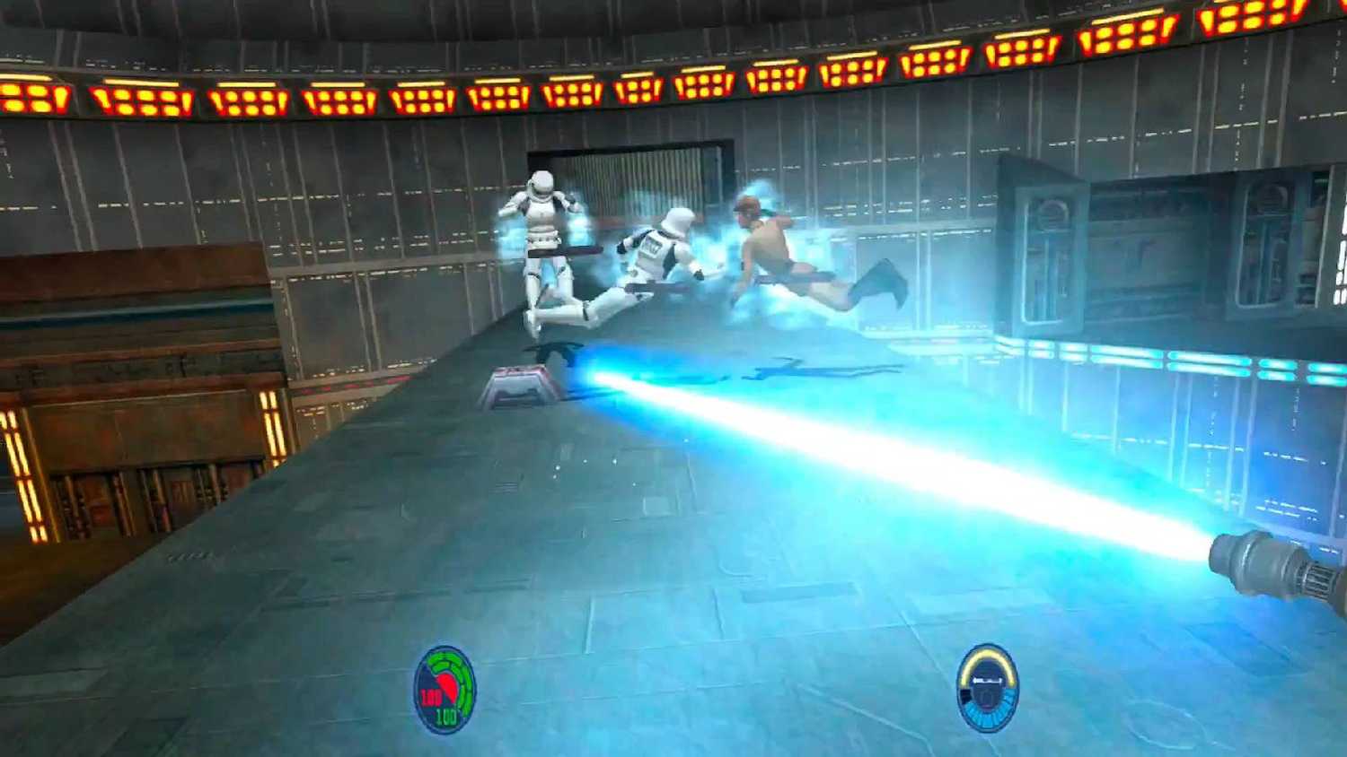Screenshot from Star Wars Jedi Knight 2 of a force pull