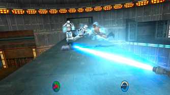 Screenshot from Star Wars Jedi Knight 2 of a force pull