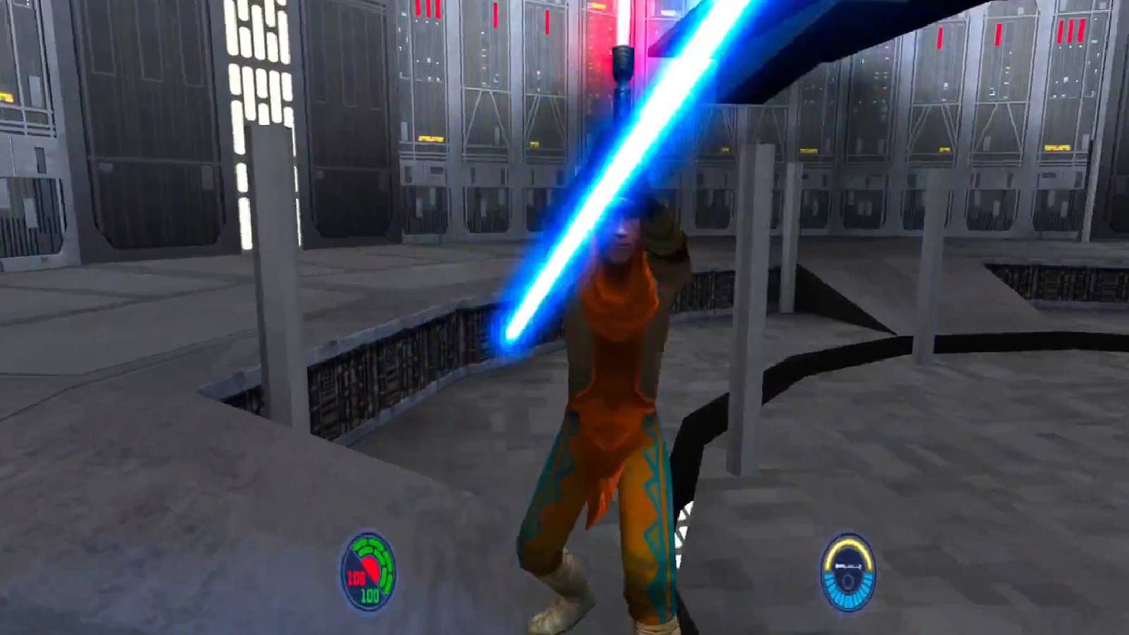 Screenshot from Star Wars Jedi Knight 2 of a lightsaber battle