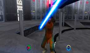 Screenshot from Star Wars Jedi Knight 2 of a lightsaber battle