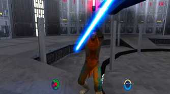 Screenshot from Star Wars Jedi Knight 2 of a lightsaber battle