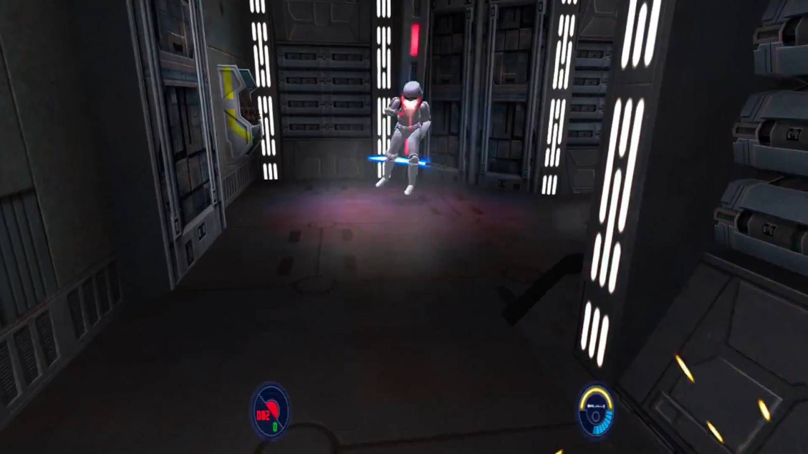 Screenshot from Star Wars Jedi Knight 2 of a thrown lightsaber