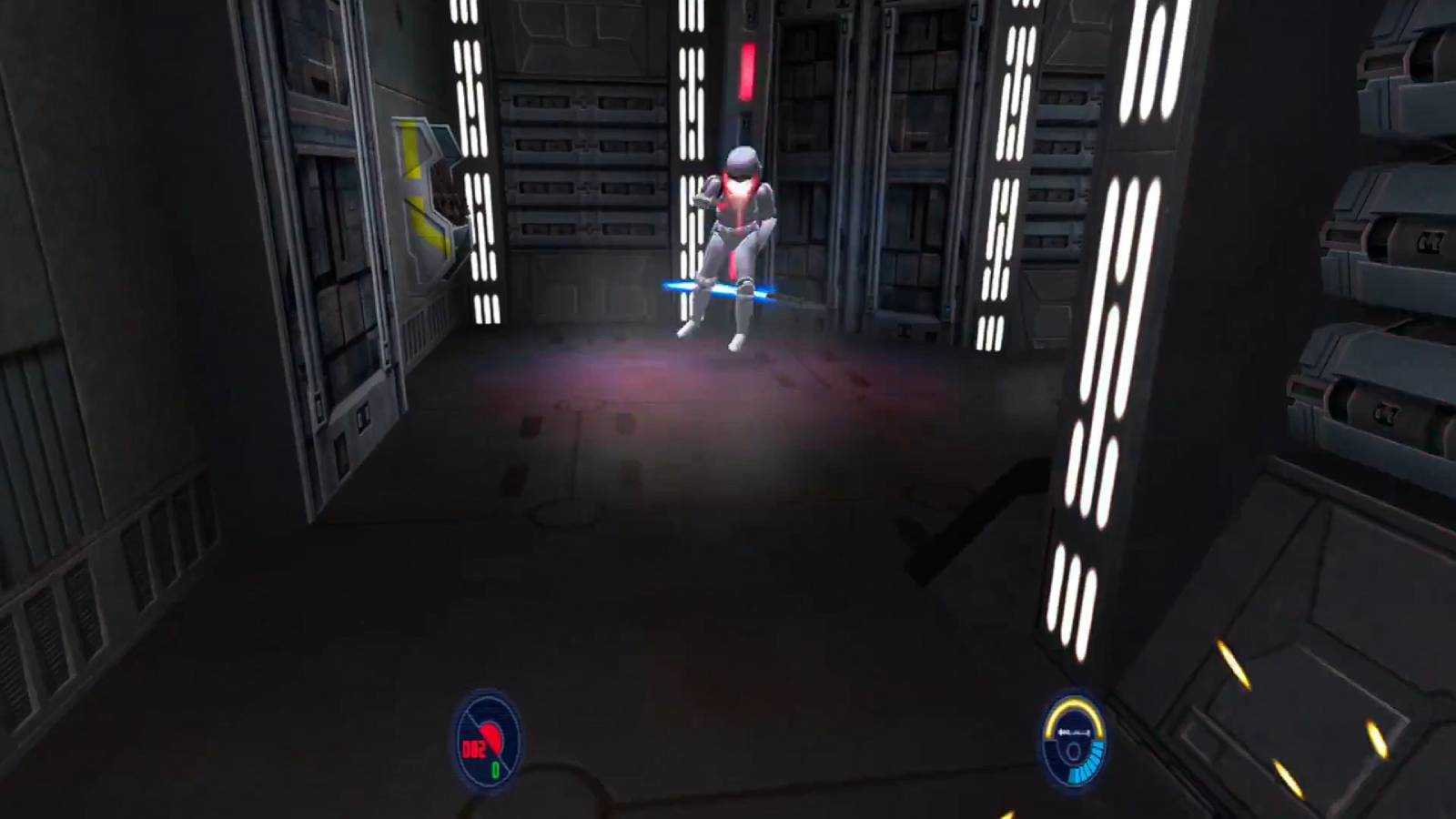 Screenshot from Star Wars Jedi Knight 2 of a thrown lightsaber