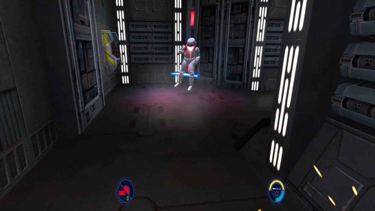 Screenshot from Star Wars Jedi Knight 2 of a thrown lightsaber