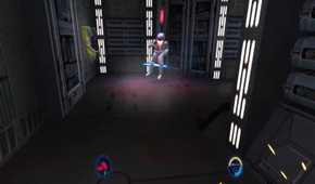 Screenshot from Star Wars Jedi Knight 2 of a thrown lightsaber