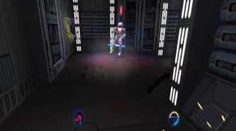 Screenshot from Star Wars Jedi Knight 2 of a thrown lightsaber