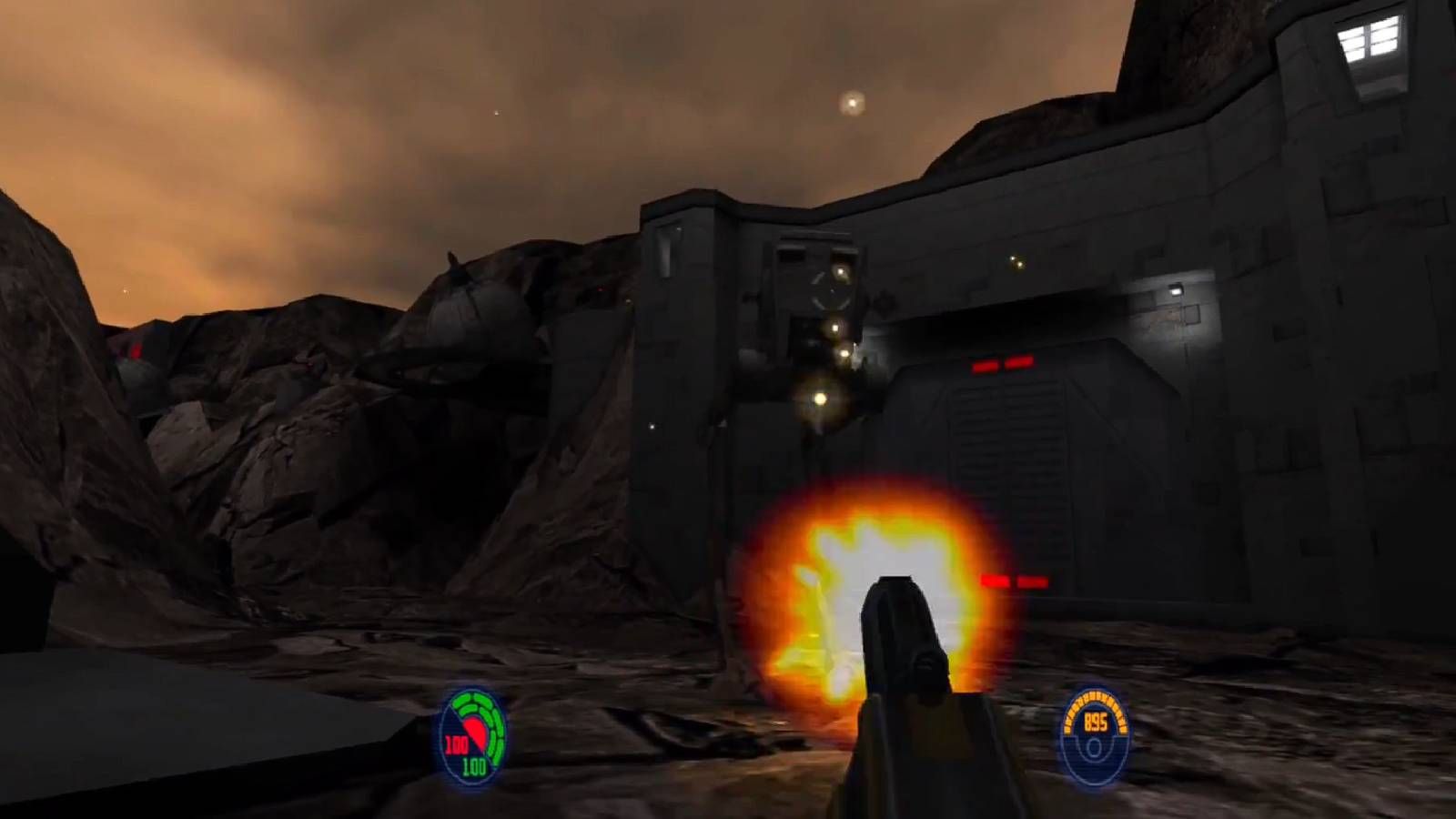 Screenshot from Star Wars Jedi Knight 2 of an ATAT Walker