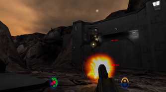 Screenshot from Star Wars Jedi Knight 2 of an ATAT Walker