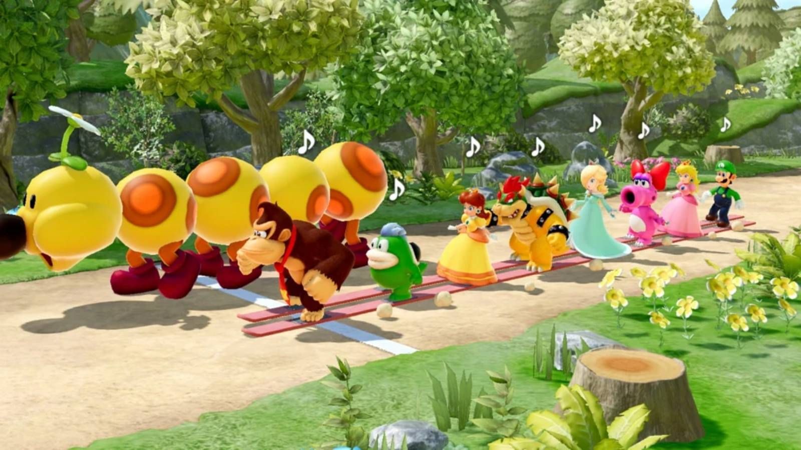 Screenshot of Super Mario Party Jamboree of the cast with a Wiggler