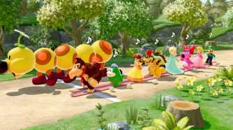 Screenshot of Super Mario Party Jamboree of the cast with a Wiggler