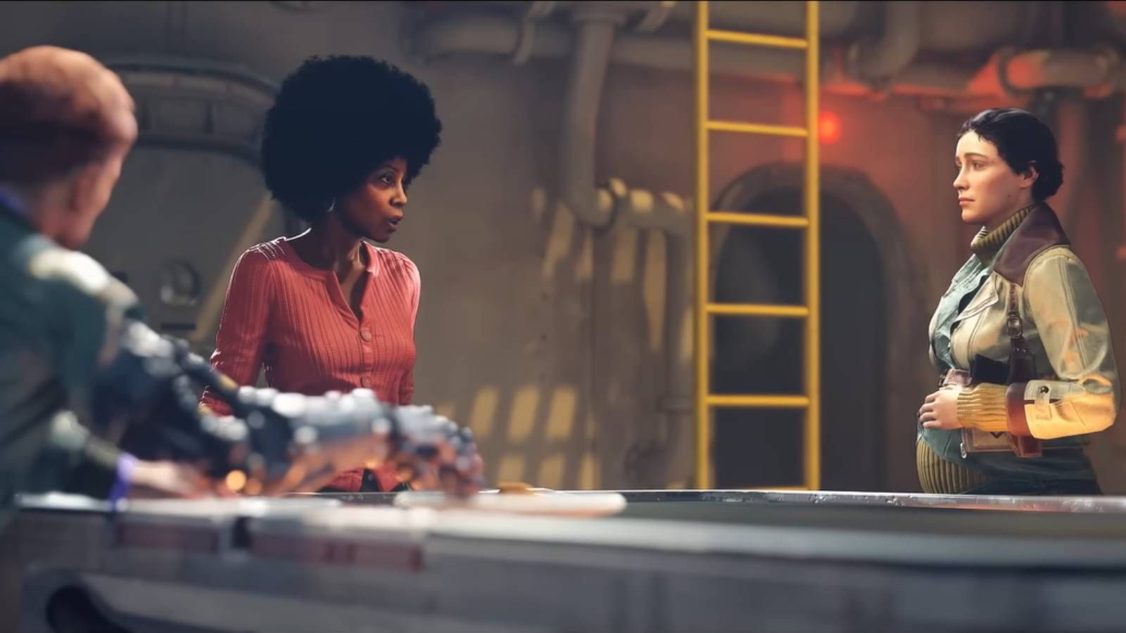 Screenshot from Wolfenstein II: The New Order of Grace and Anya talking