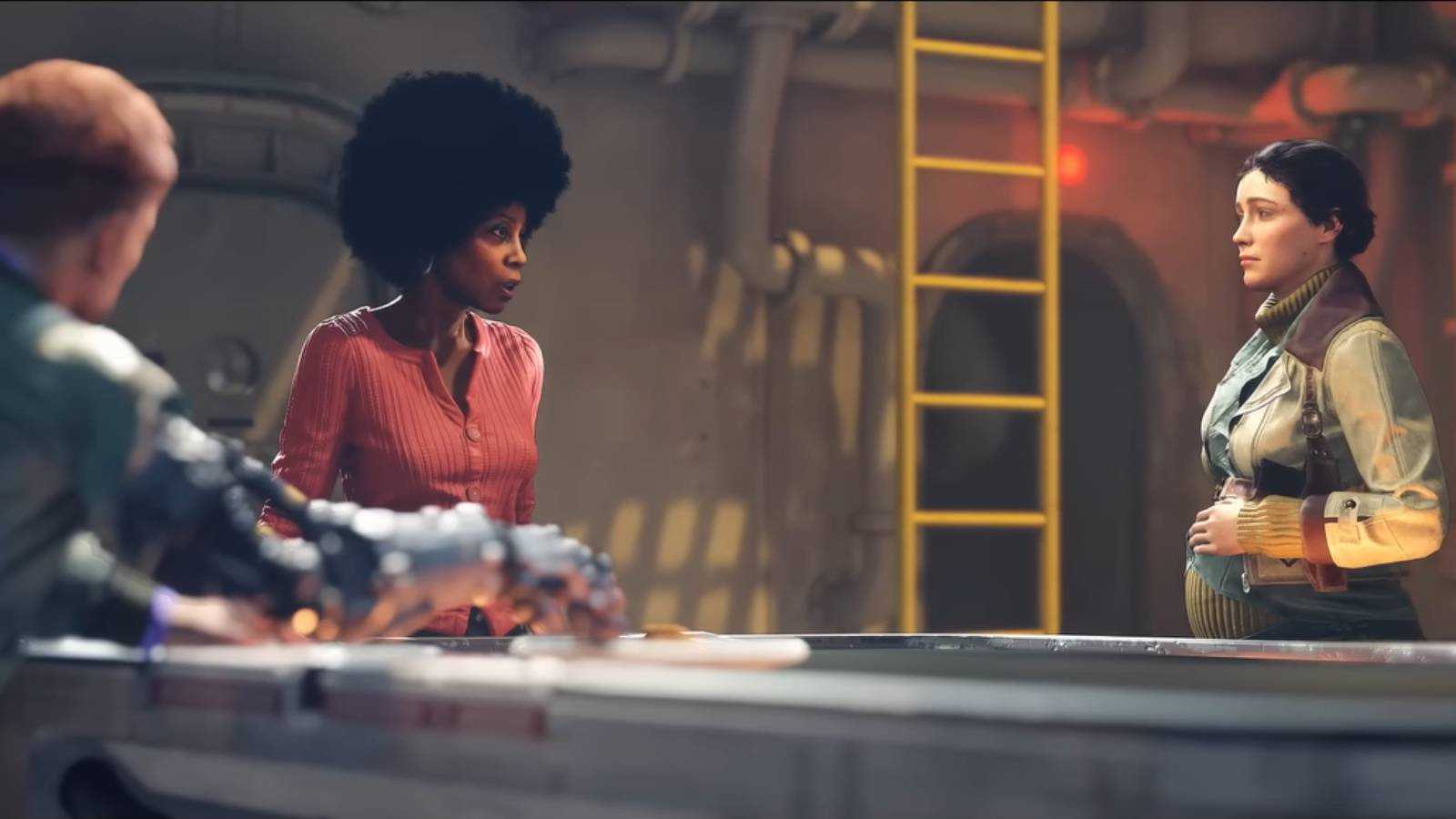 Screenshot from Wolfenstein II: The New Order of Grace and Anya talking