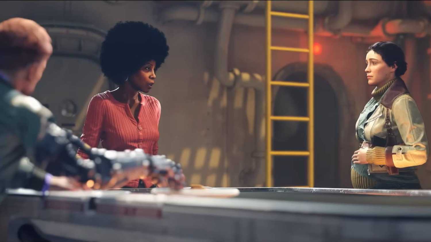 Screenshot from Wolfenstein II: The New Order of Grace and Anya talking