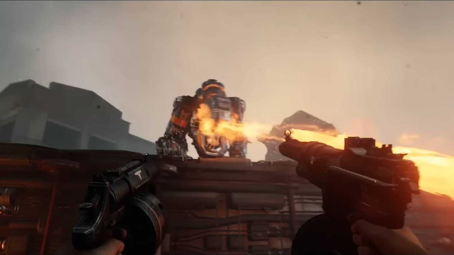 Screenshot from Wolfenstein II: The New Order of B.J. fighting a mechanical dog