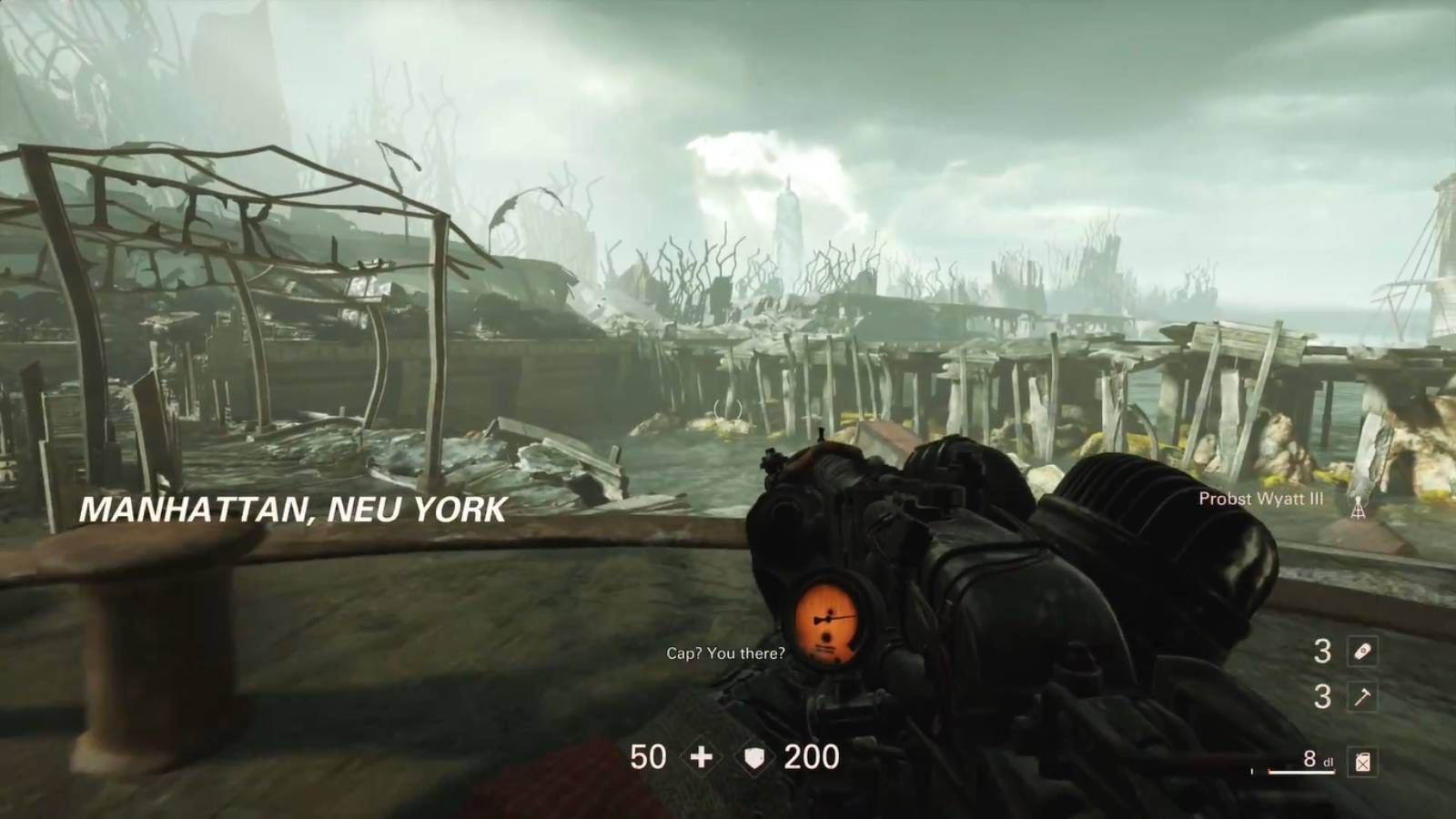 Screenshot from Wolfenstein II: The New Order of a destroyed manhattan