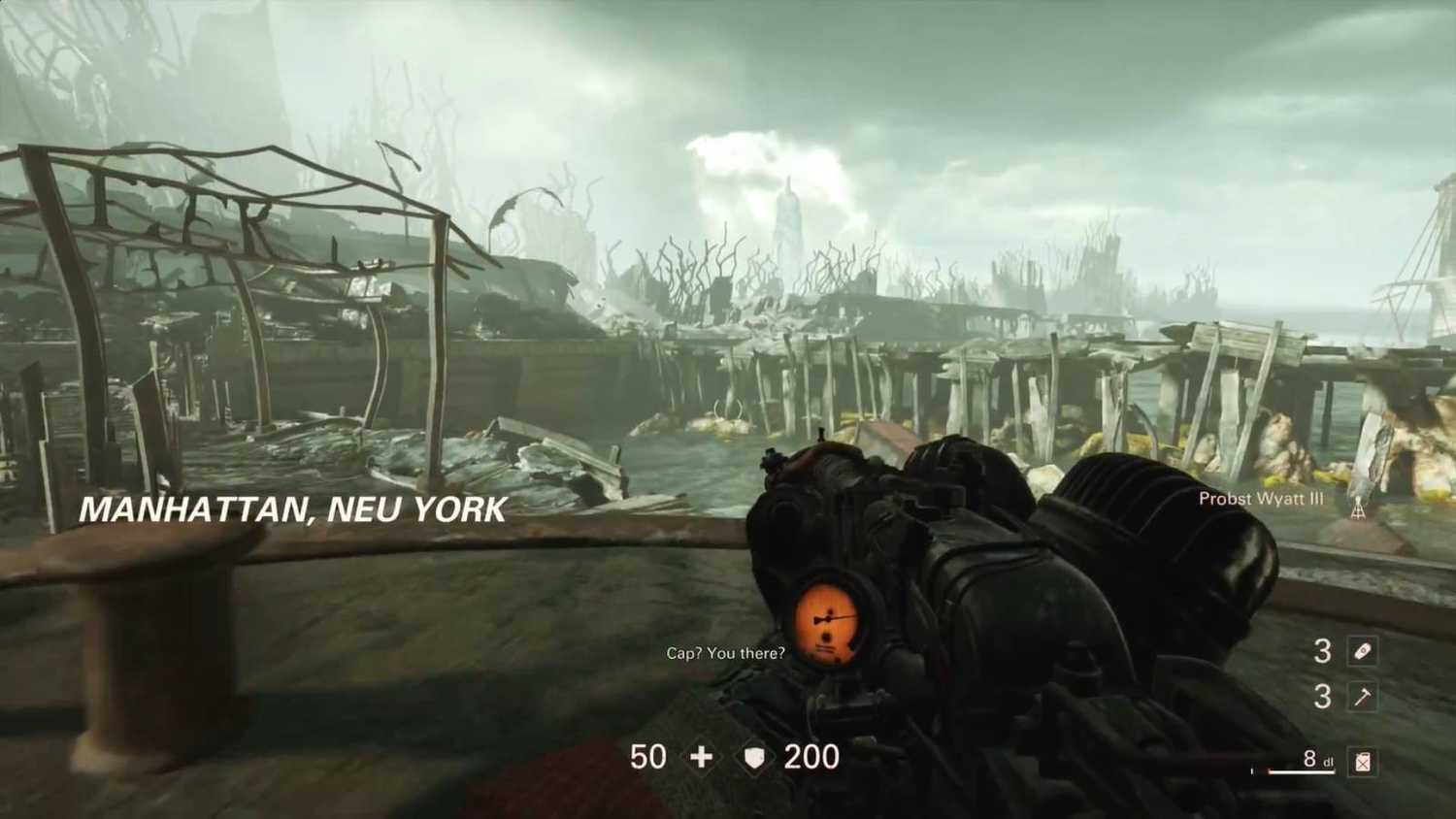 Screenshot from Wolfenstein II: The New Order of a destroyed manhattan