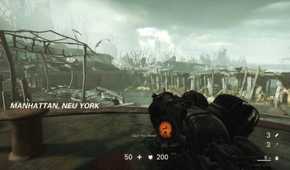 Screenshot from Wolfenstein II: The New Order of a destroyed manhattan