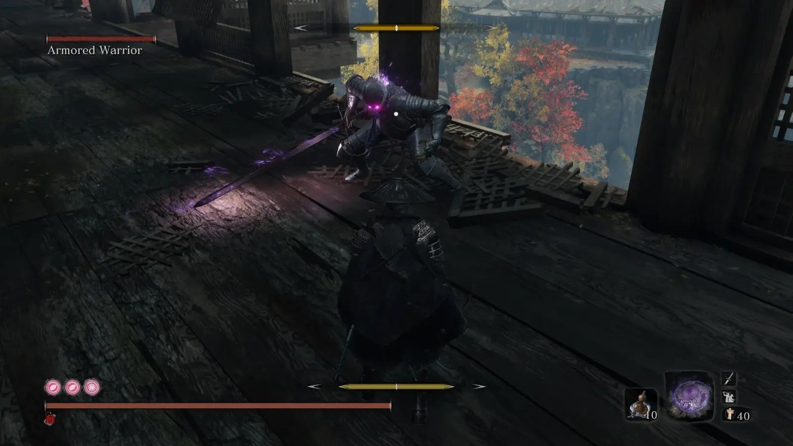 Screenshot from Sekiro: Shadows Die Twice video game with Long May the Shadows Reflect mod installed of player fighting armored warrior boss on bridge.