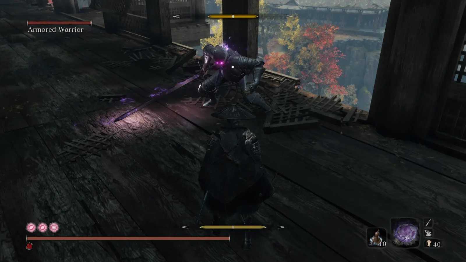 Screenshot from Sekiro: Shadows Die Twice video game with Long May the Shadows Reflect mod installed of player fighting armored warrior boss on bridge.