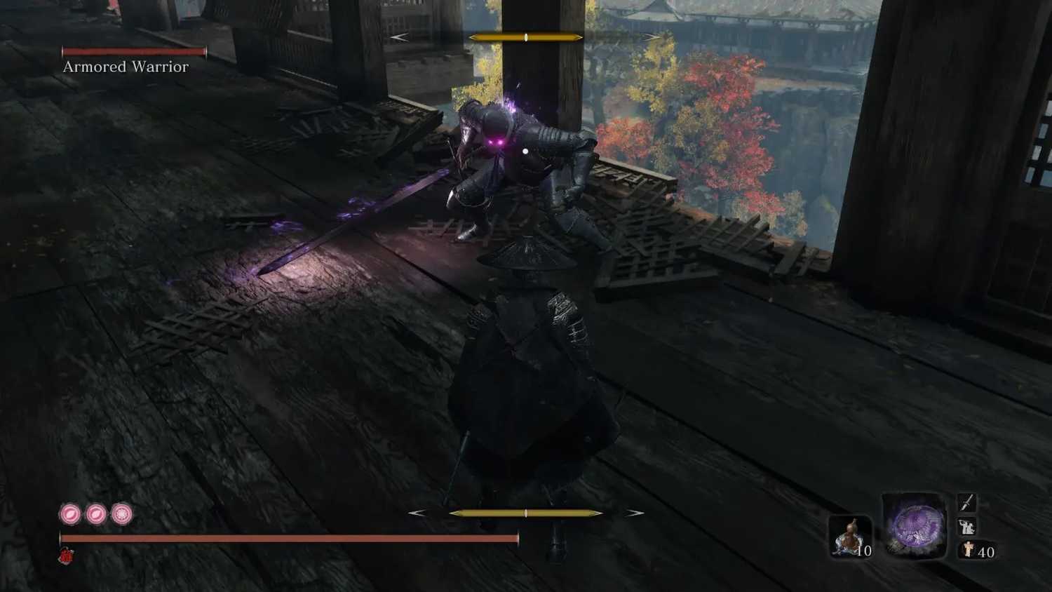 Screenshot from Sekiro: Shadows Die Twice video game with Long May the Shadows Reflect mod installed of player fighting armored warrior boss on bridge.