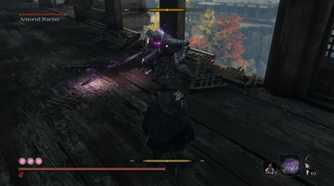 Screenshot from Sekiro: Shadows Die Twice video game with Long May the Shadows Reflect mod installed of player fighting armored warrior boss on bridge.