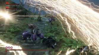 Screenshot from Sekiro: Shadows Die Twice video game with Long May the Shadows Reflect mod installed of player fighting enemy with swirling lightning attack