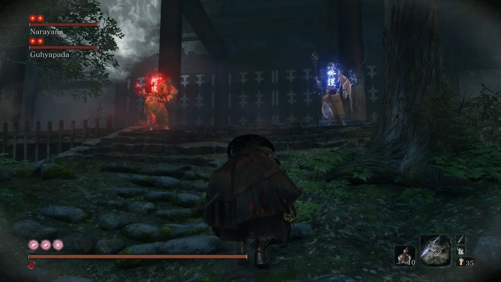 Screenshot from Sekiro: Shadows Die Twice video game with Long May the Shadows Reflect mod installed of player character approaching two boss enemies at the top of stone stairs