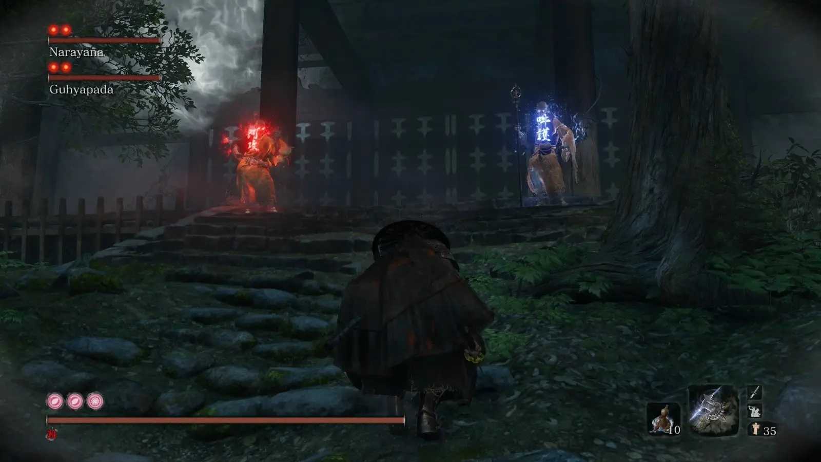 Screenshot from Sekiro: Shadows Die Twice video game with Long May the Shadows Reflect mod installed of player character approaching two boss enemies at the top of stone stairs