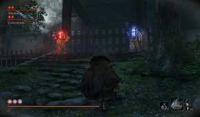 Screenshot from Sekiro: Shadows Die Twice video game with Long May the Shadows Reflect mod installed of player character approaching two boss enemies at the top of stone stairs