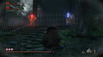 Screenshot from Sekiro: Shadows Die Twice video game with Long May the Shadows Reflect mod installed of player character approaching two boss enemies at the top of stone stairs