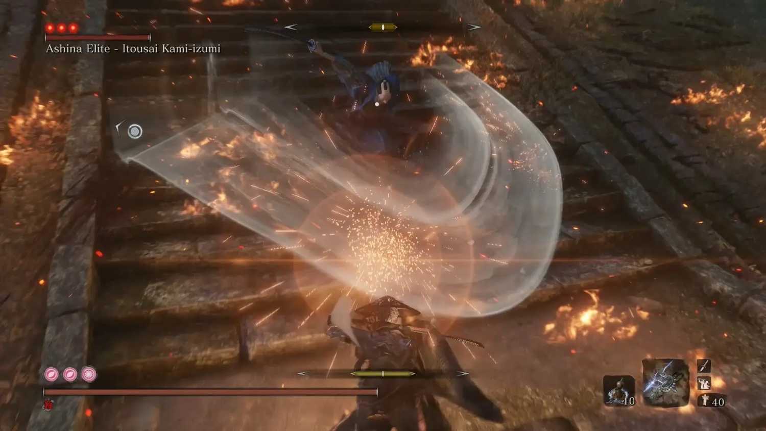 Screenshot from Sekiro: Shadows Die Twice video game with Long May the Shadows Reflect mod installed of player character fighting enemy with sparks and fire around them