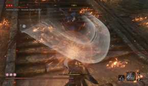 Screenshot from Sekiro: Shadows Die Twice video game with Long May the Shadows Reflect mod installed of player character fighting enemy with sparks and fire around them